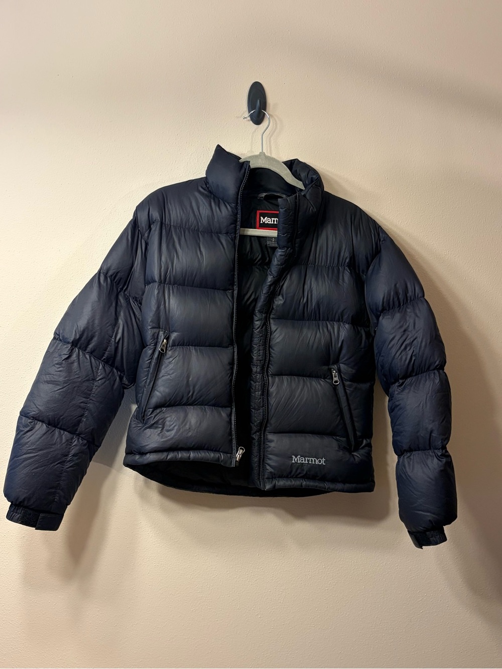 Marmot Black Puffer Jacket with Red Trim Logo